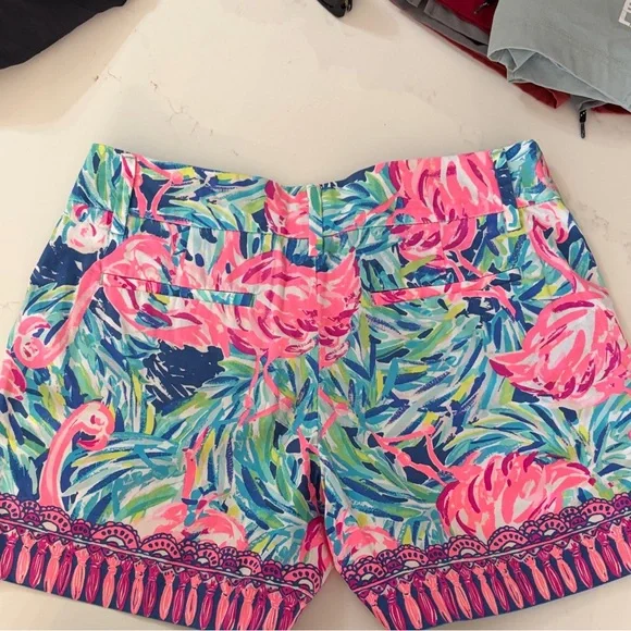 Lilly Pulitzer Pink, Blue & Green Flamingo Print Scalloped Hem Shorts - Picture 2 of 4